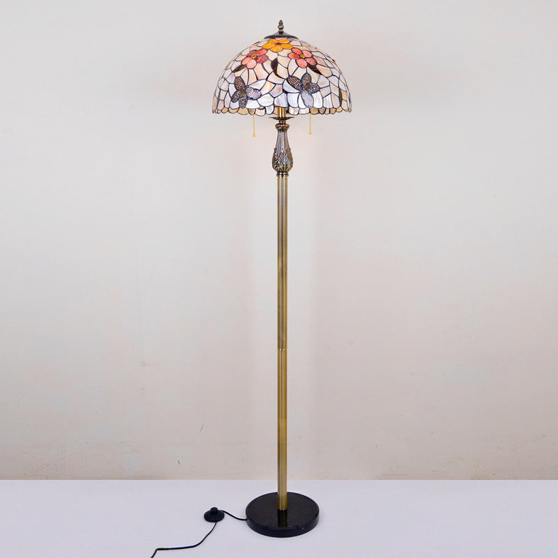 Tiffany Dome Reading Floor Light 2 Lights Shell Butterfly and Flower Standing Lighting in White