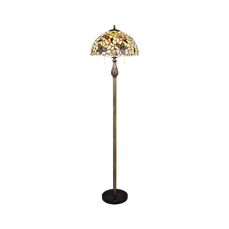 Tiffany Dome Reading Floor Light 2 Lights Shell Butterfly and Flower Standing Lighting in White