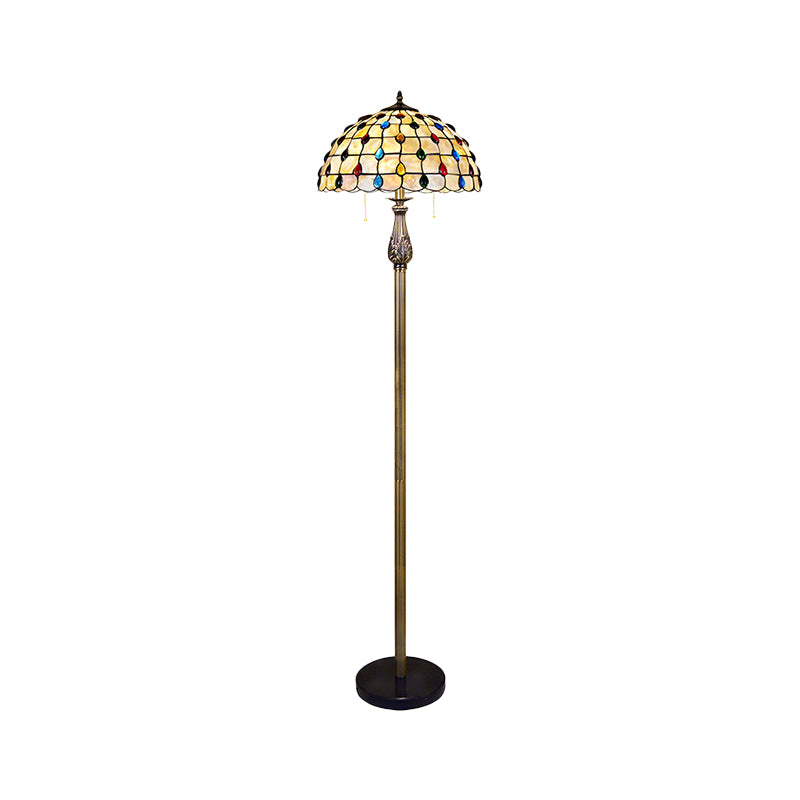 Shell Beaded Reading Floor Lighting Mediterranean 2 Lights White Floor Light with Grid Dome Shade