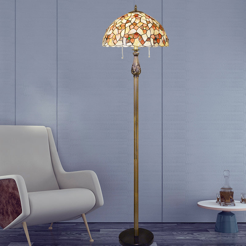 White Bowl Reading Floor Lamp Tiffany 2-Light Shell Pull Chain Standing Lighting with Blossom Pattern