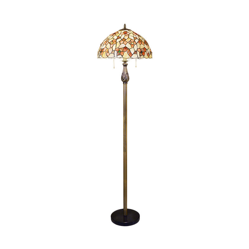 White Bowl Reading Floor Lamp Tiffany 2-Light Shell Pull Chain Standing Lighting with Blossom Pattern