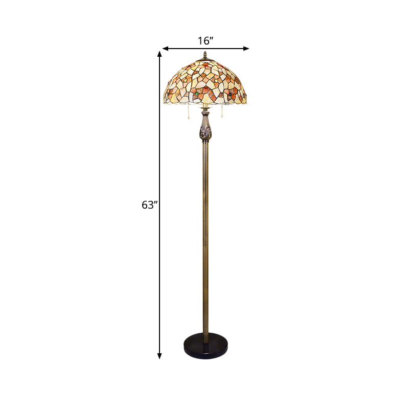 White Bowl Reading Floor Lamp Tiffany 2-Light Shell Pull Chain Standing Lighting with Blossom Pattern