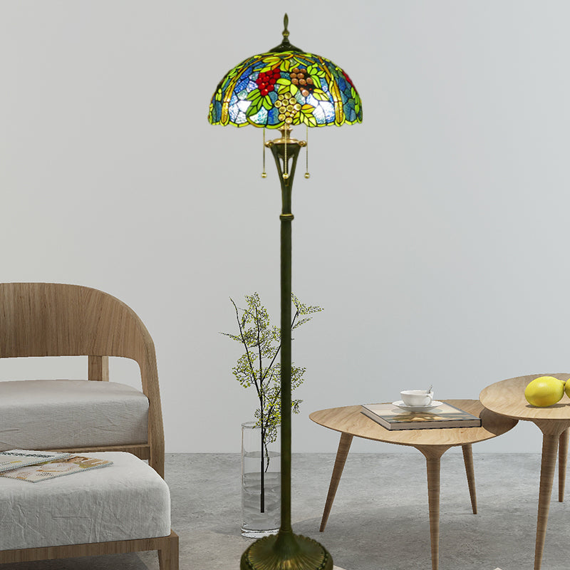 3 Bulbs Flower/Grapes Floor Lighting Tiffany Style Blue and Green/Red and Yellow Standing Glass Standing Lamp with Pull Chain