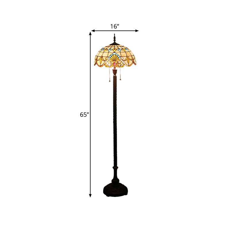 2 Bulbs Standing Light Baroque Dome Shaped Hand Cut Glass Reading Floor Lamp in Black with Pull Chain