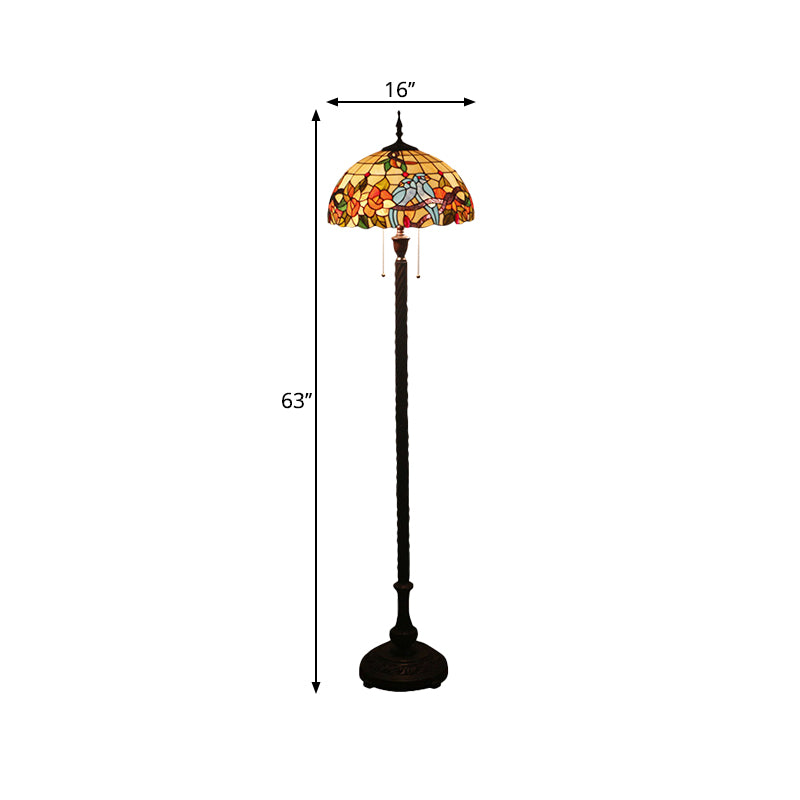 Copper 2 Lights Standing Lamp Victorian Cut Glass Flower and Bird Floor Reading Light with Bowl Shade