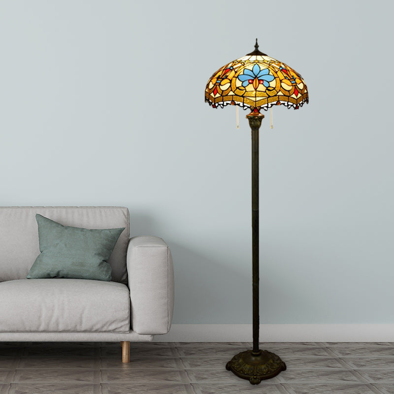 Scalloped Dome Stained Glass Floor Lamp Tiffany 2 Lights Brass Finish Standing Floor Lighting with Pull Chain