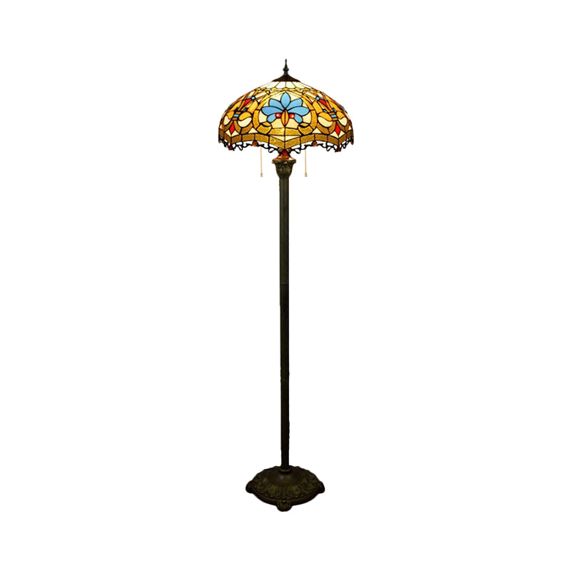 Scalloped Dome Stained Glass Floor Lamp Tiffany 2 Lights Brass Finish Standing Floor Lighting with Pull Chain