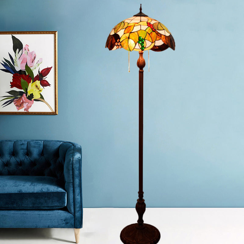 Cut Glass Copper Floor Lighting Scalloped 3 Bulbs Mediterranean Stand Up Lamp with Leaf and Grape Pattern