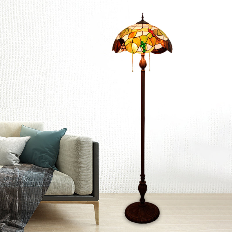 Cut Glass Copper Floor Lighting Scalloped 3 Bulbs Mediterranean Stand Up Lamp with Leaf and Grape Pattern