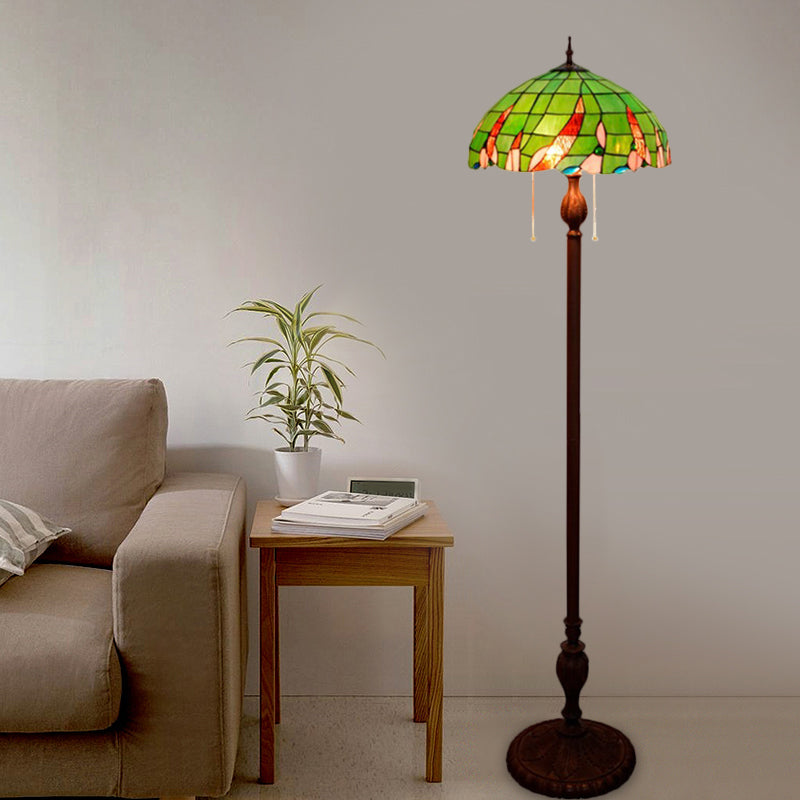 3-bol woonkamer vloer licht barokke groene trekketting staande lamp met koepel glas in lood schaduw