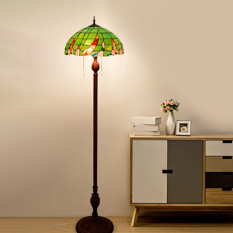 3-bol woonkamer vloer licht barokke groene trekketting staande lamp met koepel glas in lood schaduw