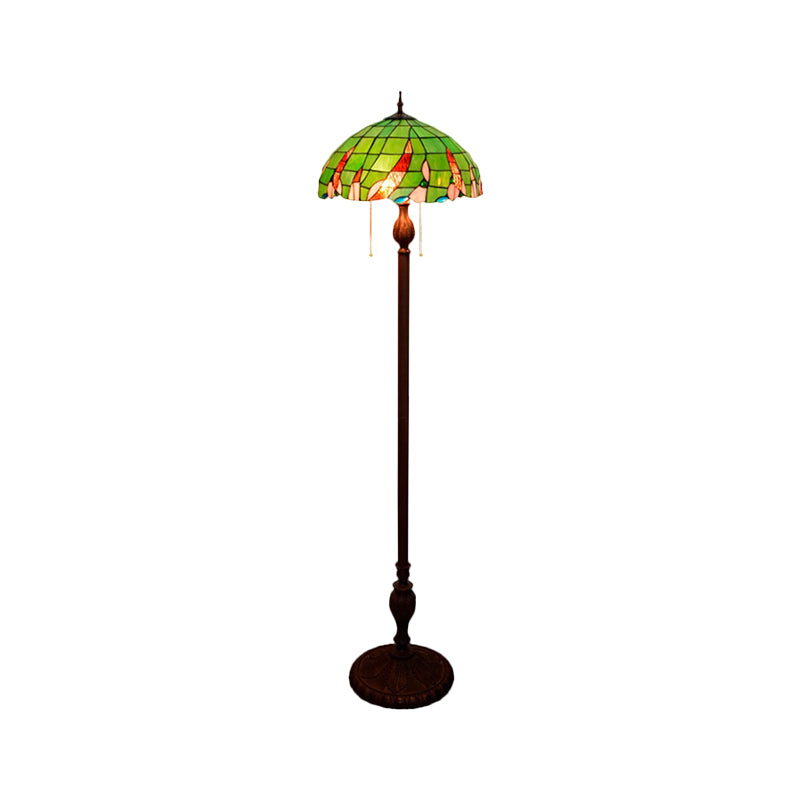 3-Bulb Living Room Floor Light Baroque Green Pull Chain Standing Lamp with Dome Stained Glass Shade