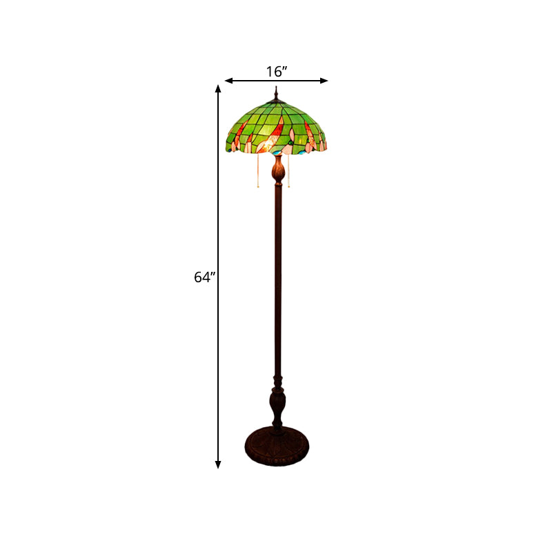 3-Bulb Living Room Floor Light Baroque Green Pull Chain Standing Lamp with Dome Stained Glass Shade