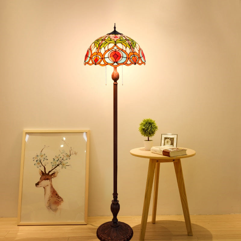 Blossom Reading Floor Lamp 3-Bulb Hand Cut Glass Tiffany Stand Up Lighting with Bowl Shade in Green