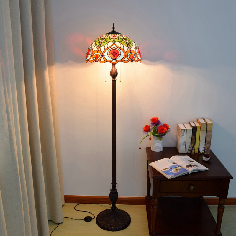 Blossom Reading Floor Lamp 3-Bulb Hand Cut Glass Tiffany Stand Up Lighting with Bowl Shade in Green