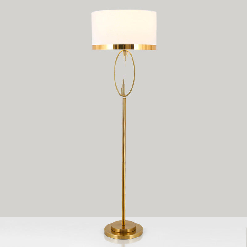 Brass Drum Stand Up Lamp Classic Fabric 1 Light Living Room Leesvloerverlichting met Circle Design