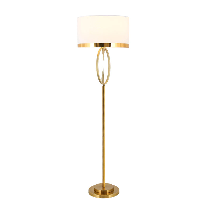 Brass Drum Stand Up Lamp Classic Fabric 1 Light Living Room Reading Floor Lighting with Circle Design