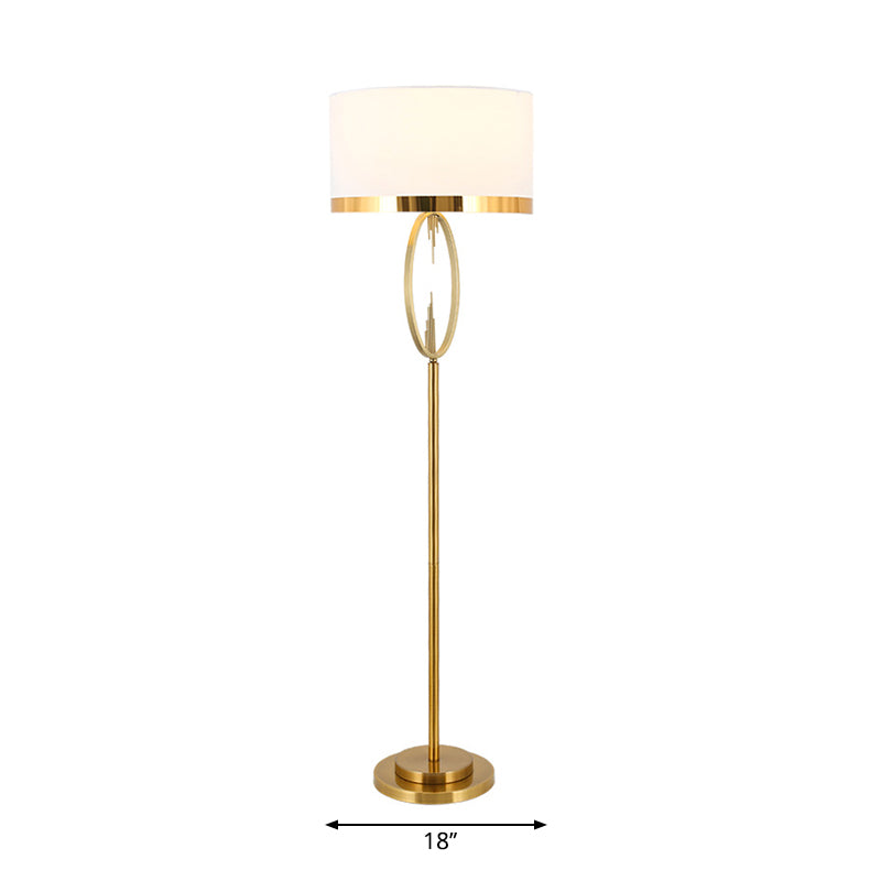 Brass Drum Stand Up Lamp Classic Fabric 1 Light Living Room Reading Floor Lighting with Circle Design