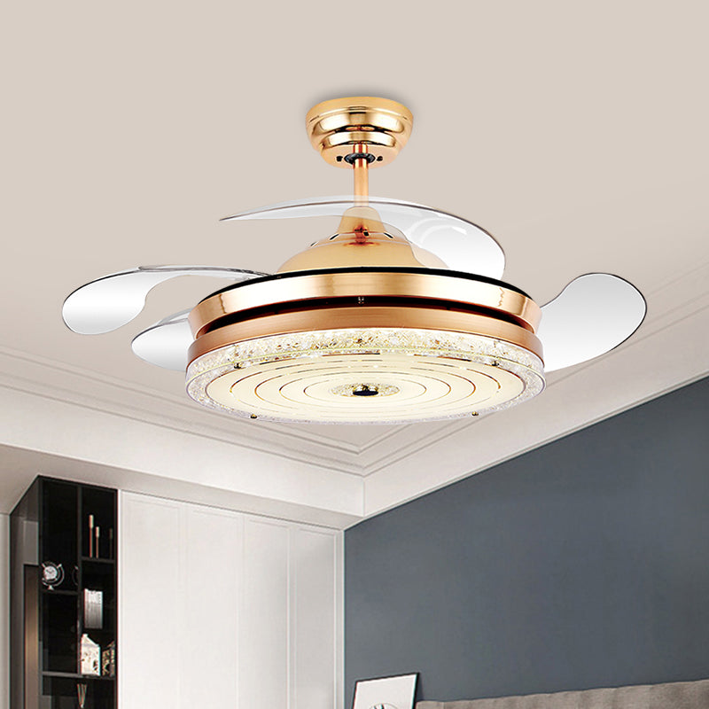 4-Blade Circle Ceiling Fan Light Minimalism Cut Crystal 19" Wide LED Restaurant Semi Mount Lighting in White/Gold