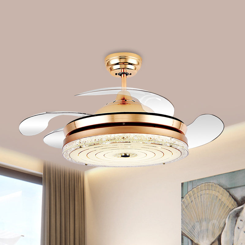 4-Blade Circle Ceiling Fan Light Minimalism Cut Crystal 19" Wide LED Restaurant Semi Mount Lighting in White/Gold