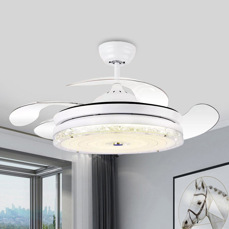 4-Blade Circle Ceiling Fan Light Minimalism Cut Crystal 19" Wide LED Restaurant Semi Mount Lighting in White/Gold