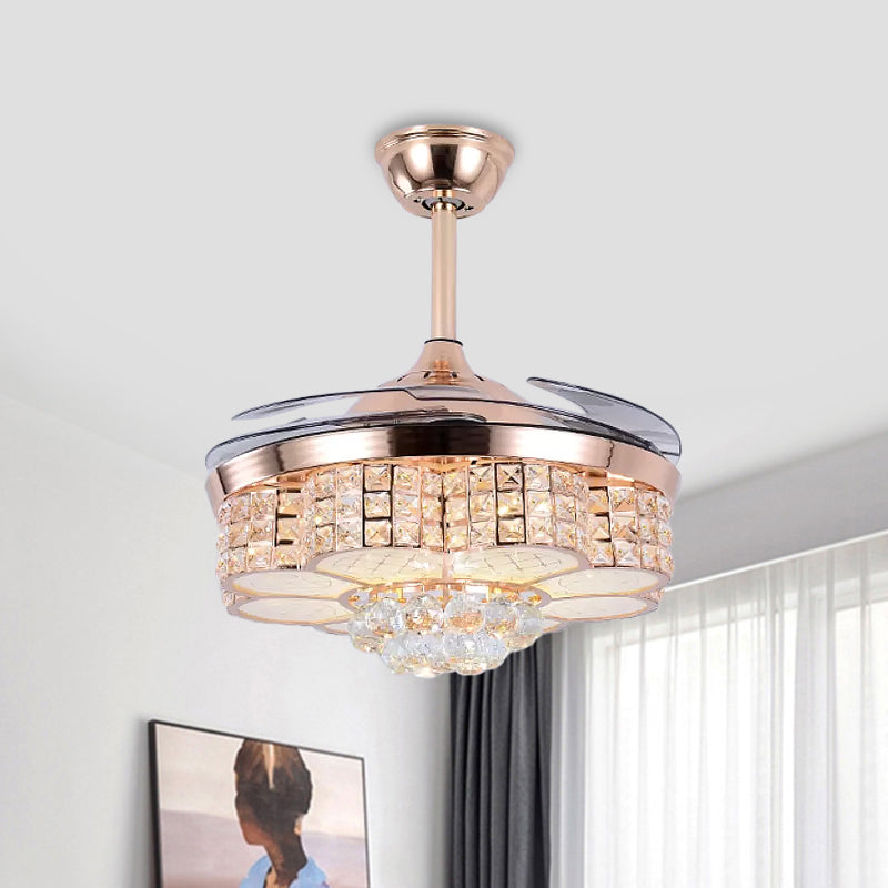 19 "W LED Parlor Semi Flush Mount Simple Rose Gold 4-blade hangende ventilatorlicht met bloemen kristalblokt tint