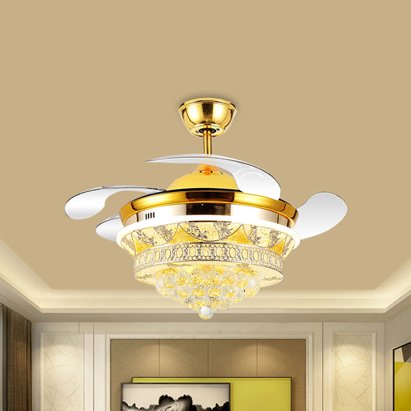 4 Blades Modern Cone Semi Flush Light Crystal Ball LED Bedroom Ceiling Fan Lamp with Floral Design in Gold, 19" Wide