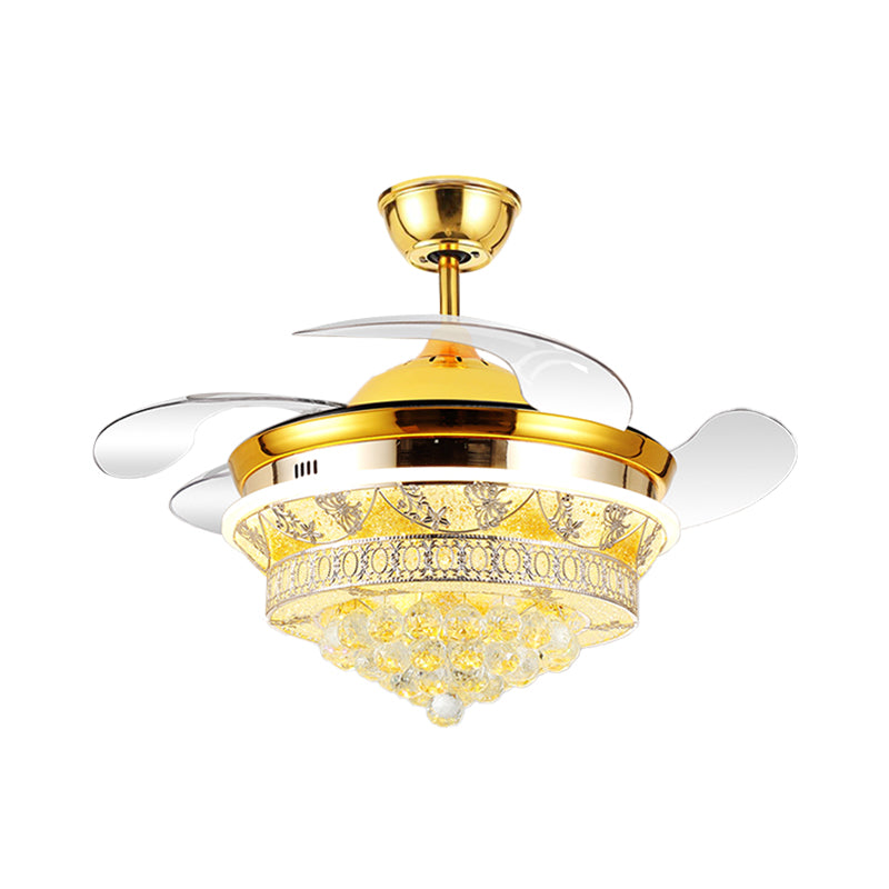 4 Blades Modern Cone Semi Flush Light Crystal Ball LED Bedroom Ceiling Fan Lamp with Floral Design in Gold, 19" Wide