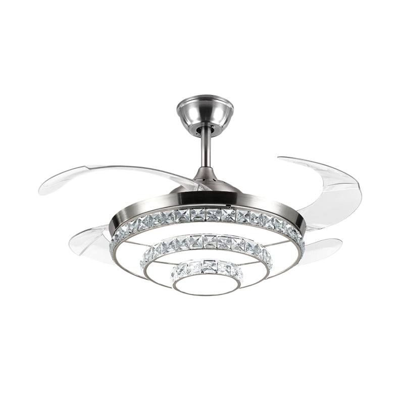 19" W Modernism LED Ceiling Fan Lamp Silver 3-Tier Semi Flush Mount Light with Crystal Block Shade, 4 Blades