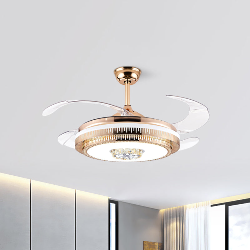 Gouden LED Round Semi Mount Lighting Modernistische metallic 4-blade hangerse ventilatorverlichting, 19 "breedte