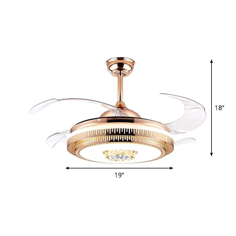 Gouden LED Round Semi Mount Lighting Modernistische metallic 4-blade hangerse ventilatorverlichting, 19 "breedte