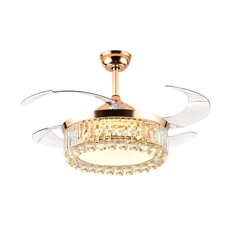 Round Slaapkamer Hangende ventilatorlamp Kristallen Prisms en Orbs 19 "W Led Modernism Semi Flush Light in goud, 4-blade