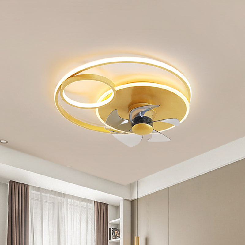 Aluminum Ring Fan Light Fixture Modern LED Gold Semi Flush with 5 Blades for Bedroom, 18" Width