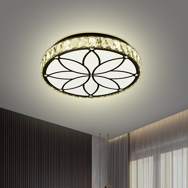 Circle Parlor Flush Mount Lamp Crystal Block LED Modernism Ceiling Light with Bloom Pattern in White