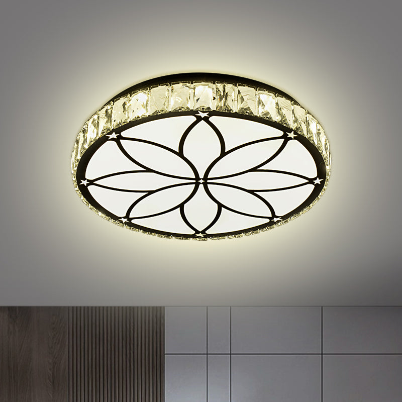 Circle Parlor Flush Mount Lamp Crystal Block LED Modernism Ceiling Light with Bloom Pattern in White