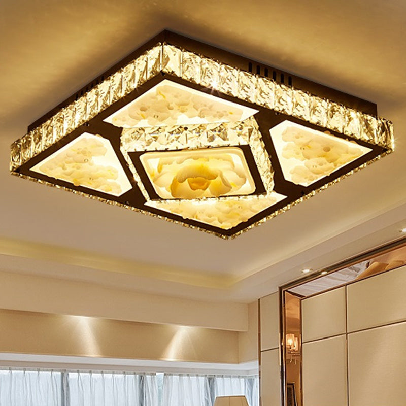 Squared Bedroom Ceiling Flush Hand-Cut Crystal LED Simplicity Flushmount with Jade Lotus Design in Chrome