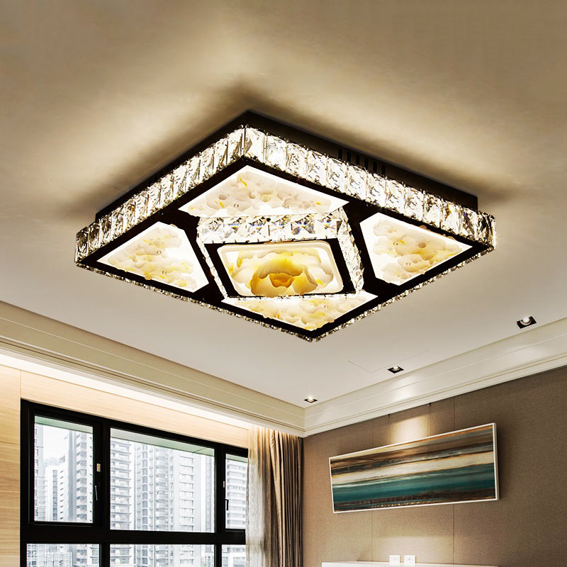 Squared Bedroom Ceiling Flush Hand-Cut Crystal LED Simplicity Flushmount with Jade Lotus Design in Chrome