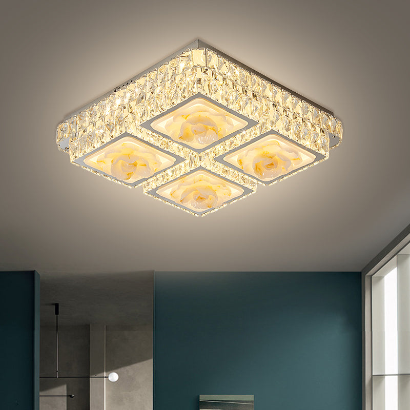 Chrome LED Square Flush Light armatuur Minimalisme Crystal Block Plafond Flush Mount met Jade Lotus Design