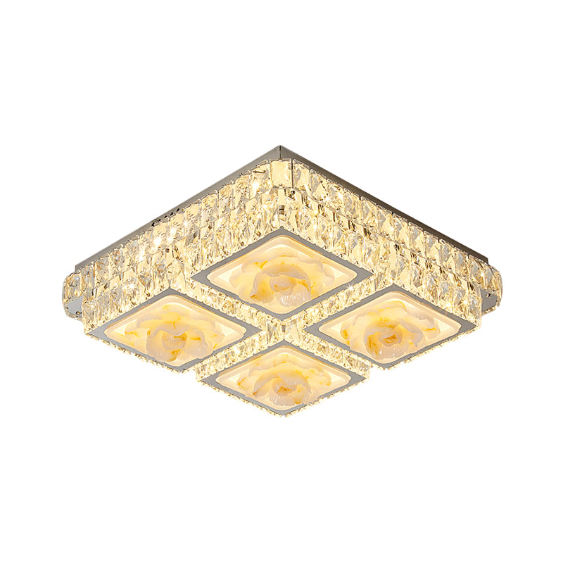 Chrome LED Square Flush Light Fixture Minimalism Crystal Block Ceiling Flush Mount with Jade Lotus Design