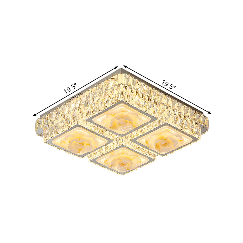 Chrome LED Square Flush Light Fixture Minimalism Crystal Block Ceiling Flush Mount with Jade Lotus Design