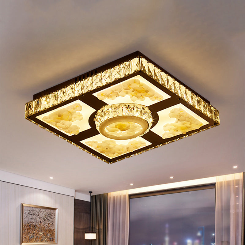 Cut Crystal Square Ceiling Lighting Modern LED Flush Mount Light with Lotus Design in Chrome