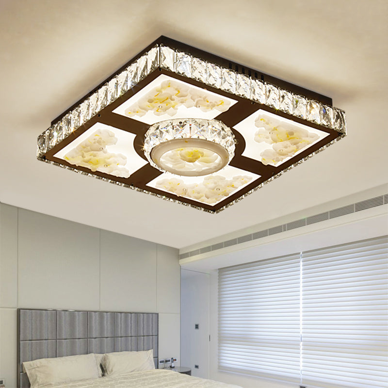 Cut Crystal Square Ceiling Lighting Modern LED Flush Mount Light with Lotus Design in Chrome