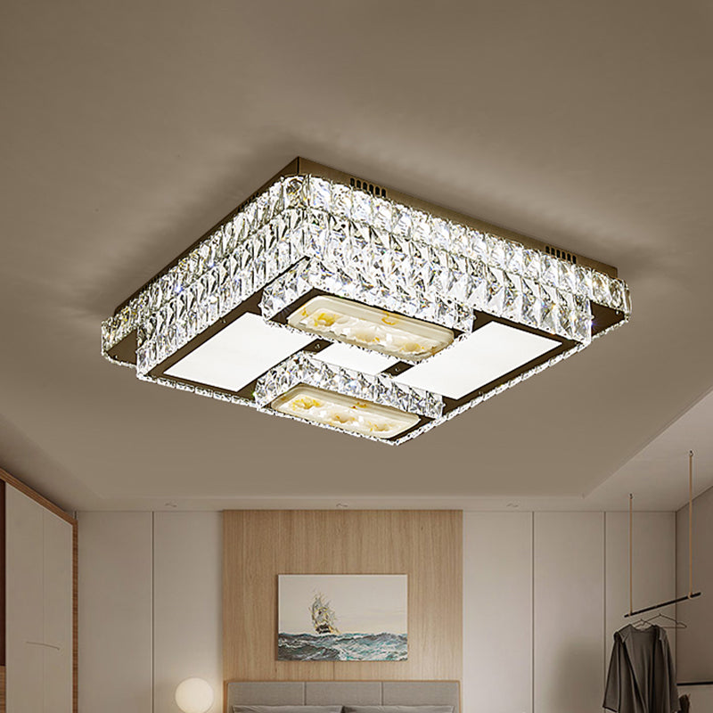 Oblong Ceiling Mounted Fixture Simple Cut Crystal Sleeping Room LED Flush Lamp with Lotus Pattern in Chrome