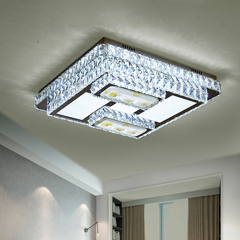 Oblong Ceiling Mounted Fixture Simple Cut Crystal Sleeping Room LED Flush Lamp with Lotus Pattern in Chrome