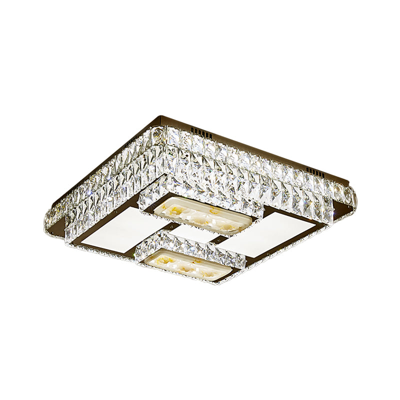 Oblong Ceiling Mounted Fixture Simple Cut Crystal Sleeping Room LED Flush Lamp with Lotus Pattern in Chrome