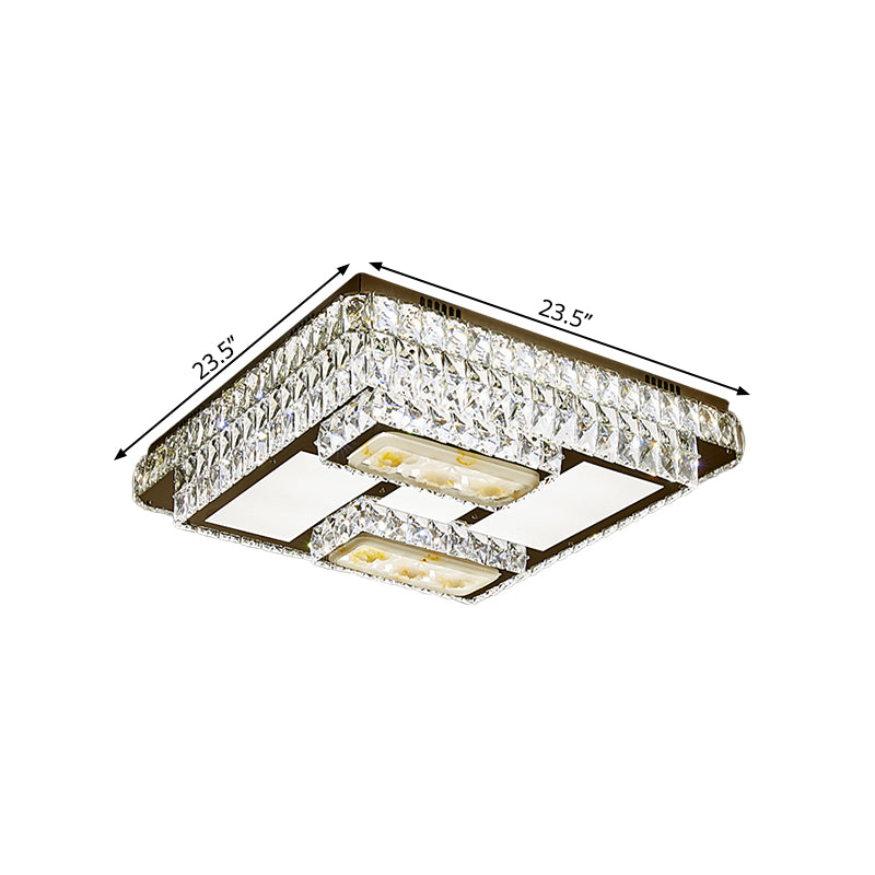 Oblong Ceiling Mounted Fixture Simple Cut Crystal Sleeping Room LED Flush Lamp with Lotus Pattern in Chrome