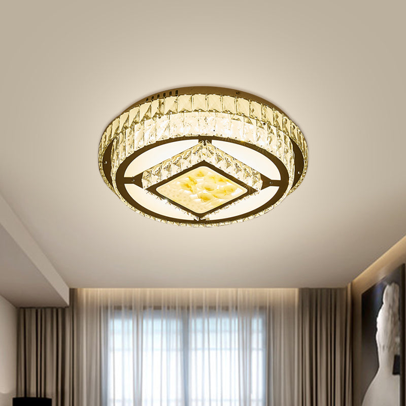 Crystal Block Circle Flush Mount Modernist LED Chrome Ceiling Fixture with Lotus Design