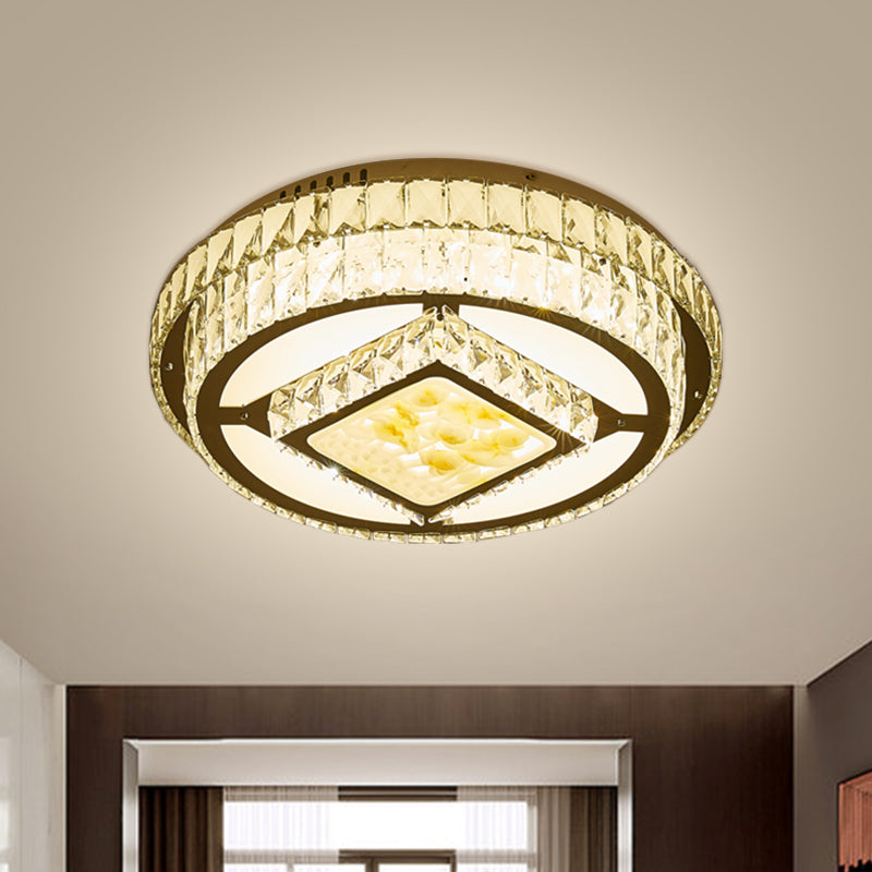 Crystal Block Circle Flush Mount Modernist LED Chrome Ceiling Fixture with Lotus Design