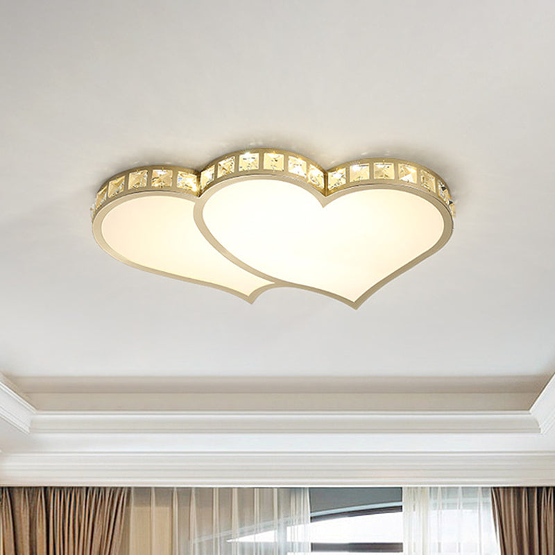 Gold LED Loving Heart Ceiling Flush Contemporary Crystal Block Flush Mount Lighting Fixture