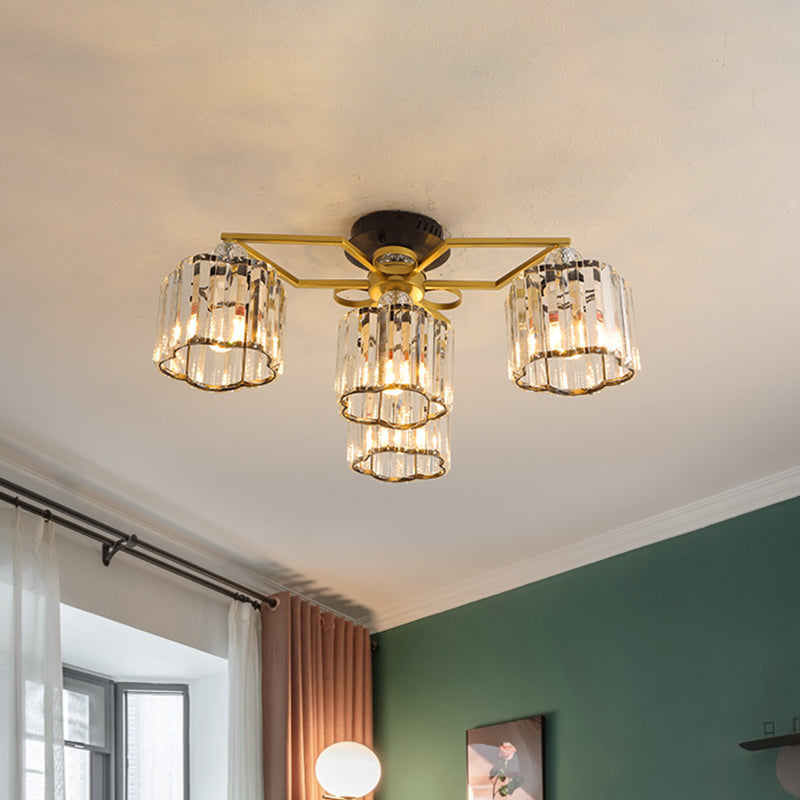 Bloemencilinder Gastkamer Semi Flush Clear Crystal 4/6/7-Licht Minimalisme plafond gemonteerde armatuur in goud